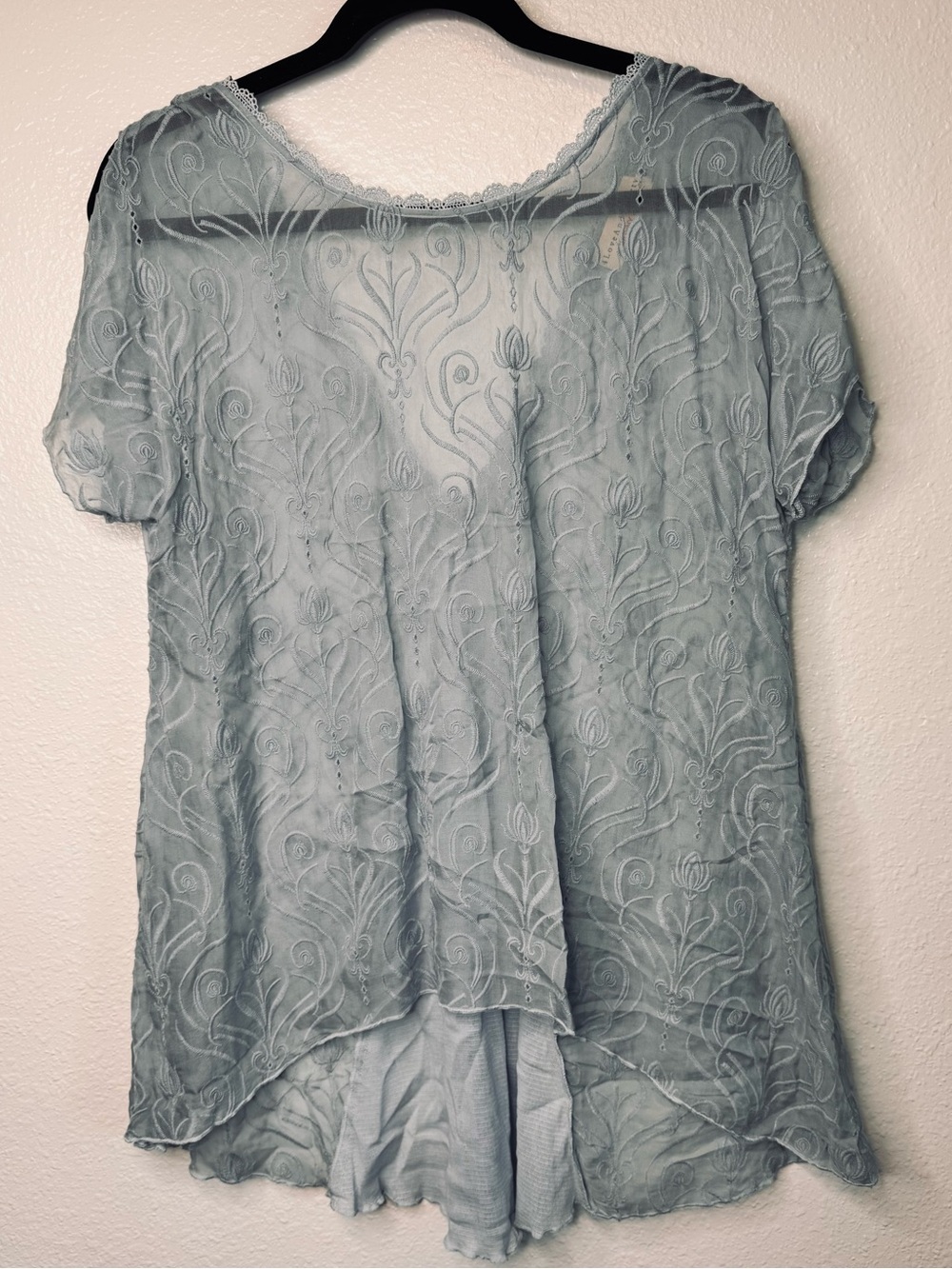 Johnny Was Love Liberty Light Blue Embroidered Silk Sheer Top Blouse OVERSIZED S